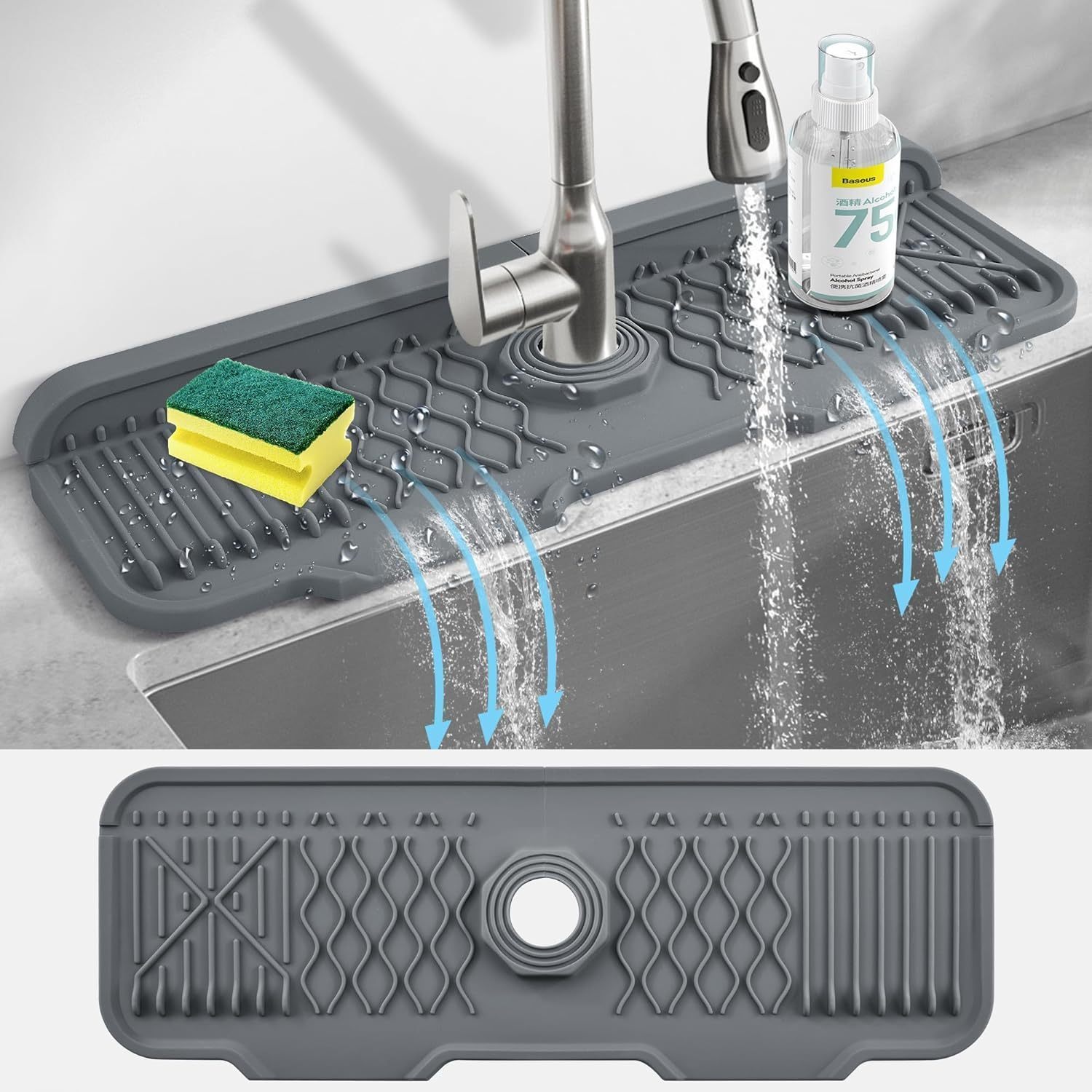 Silicone Tap Washer - お手入れ簡単シリコン蛇口スプラッシュガードマット滑り止め、5 ° 省スペースと水の迂回のための折りたたみ可能なエッジを備えたスロープデザイン